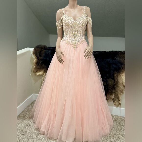 Gorgeous Blush Pink Princess Style Embellished Off-shoulder Tulle Ballgown - Picture 7 of 17